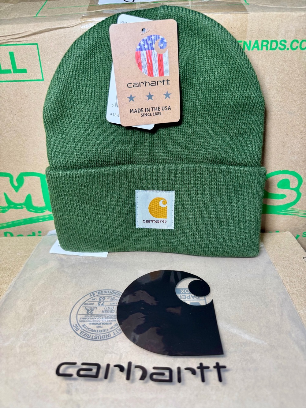Carhartt Olive Green Rib-Knit Cuffed Beanie with Logo Patch